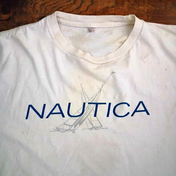 Nautica Thrashed T Shirt Stained Torn Destroyed Men's L Sailboat Logo Graphic T - Picture 3 of 8